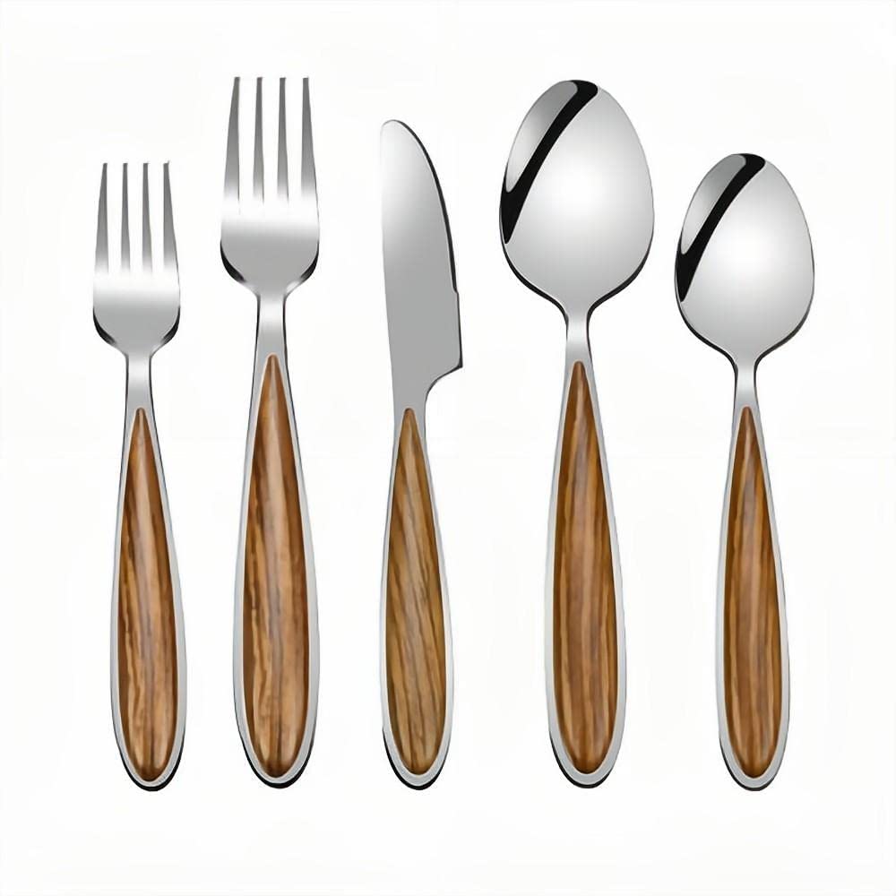 20-Piece Set - 304 Stainless Steel Silverware Cutlery Set Steak Knife Fork And Spoon Wood Grain Cutlery
