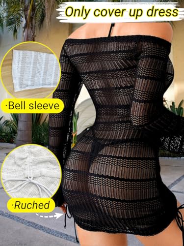 Kaei&Shi Sexy Crochet Coverups for Women,Off Shoulder Long Sleeve Beach Dresses,Bathing Suit Cover Up Vacation Outfits3