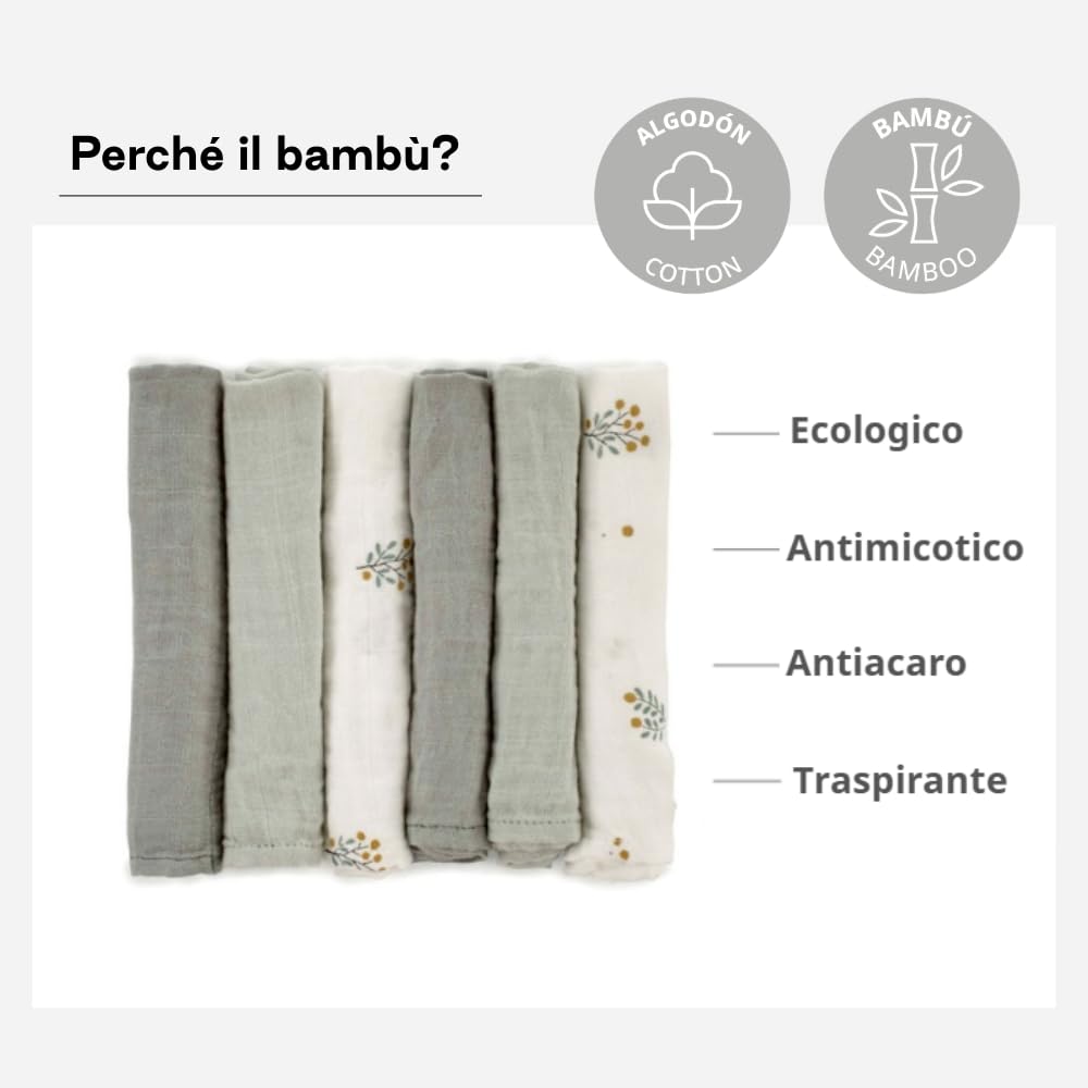 Jané Set 6 Mussole Neonato 35x35 cm Cotone e Bambù Naturale Verde