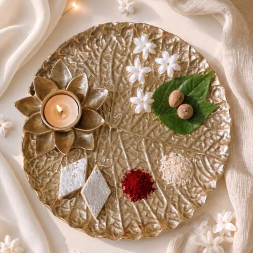 Best Navratri Home Decoration Items (2026) 43 BEHOMA Golden Metal Lotus Pooja Thali with Tea-Light Holder, 25.5...