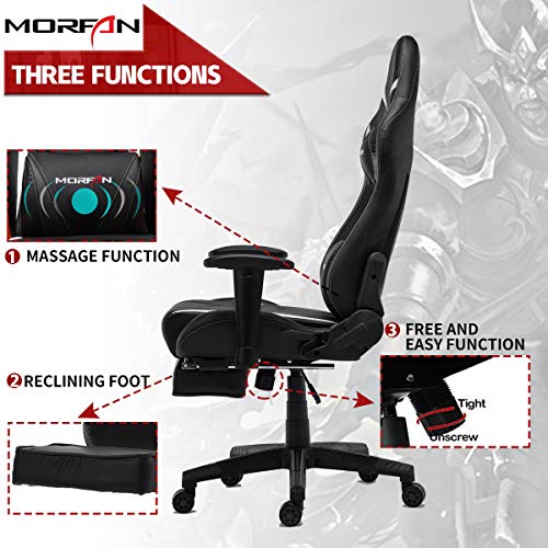 Morfan Gaming Chair Large Size Massage and Rocking Function Computer Office Racing E-Sports Chair with Footrest (Black)
