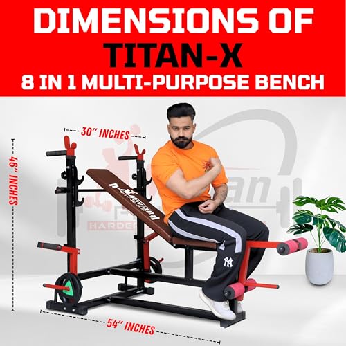 Image of TITAN-X 8-in-1 Pro Multifunction Adjustable Gym Bench with Barbell Rack & Leg Extension - Heavy Duty 2x2 Inch Frame, Incline /Flat /Decline Workout Bench for Home Gym Strength Training Home workout setup, Gym bench, (350 KG Capacity) ( jaguar Pipe use this machin, made by 2 /2 havy duty pipe )