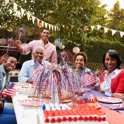 Image of DoubleFill 6 Pack 27.6 Inch 4th of July Fireworks Memorial Day Patriotic 250th Table Centerpiece Red White and Blue Stem Picks Star American Independence Day Decorations Table Centerpieces Decor