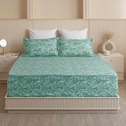 Image of HOMEMONDE All Around Elastic Fitted Bedsheet 72 x 36 Inch Cotton 210 TC Printed Wrinkle Free Single Bed Bedsheets with 1 Pillow Cover, Perfect for Home Decor & Gifting - Aqua Blue