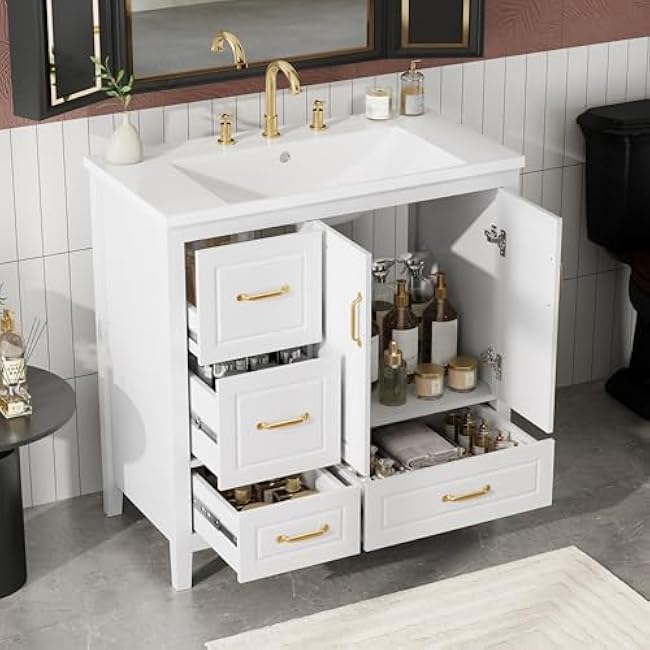 Bathroom Vanity Set, 36 Bathroom Vanity with Resin Sink Combo, Solid Wood Frame Bathroom Storage Cabinet with 5 Drawers & Soft Closing Doors, MDF Boards, Gold Metal Knobs