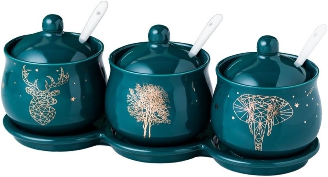Salt and Sugar Container Sets Ceramic Condiment Container Set with Spoon Lid and Tray Sugar Bowl Set Kitchen Seasoning Box Spice Jar Set Kitchen Counter,Dark Green-3pcs