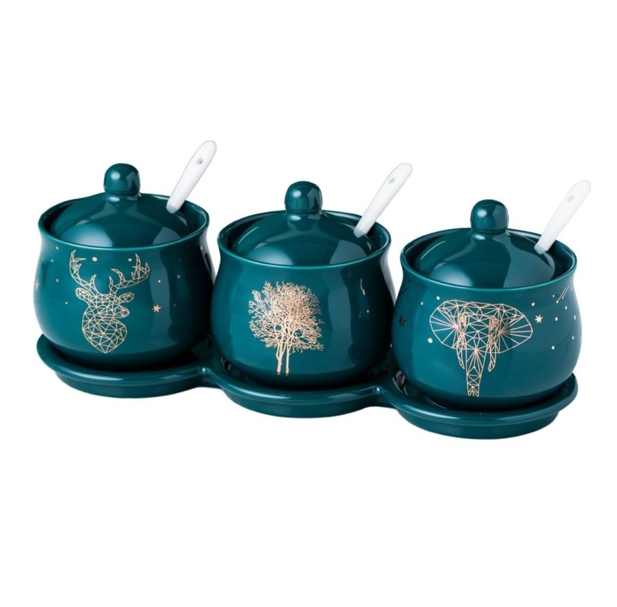 AZHKJKZH Seasoning Box Set Ceramic Condiment Container Set With Spoon Lid And Tray Sugar Bowl Kitchen Seasoning Box Spice Jar Salt Sugar Jar