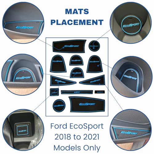 Image of Car Drome | Door Cup Mat Set for Ford EcoSport 2018 to 2021 Models Only | Premium Non Slip Rubber Inserts | Custom Fit 13 Pieces | Blue Trim Interior Car Accessories | Dustproof Waterproof