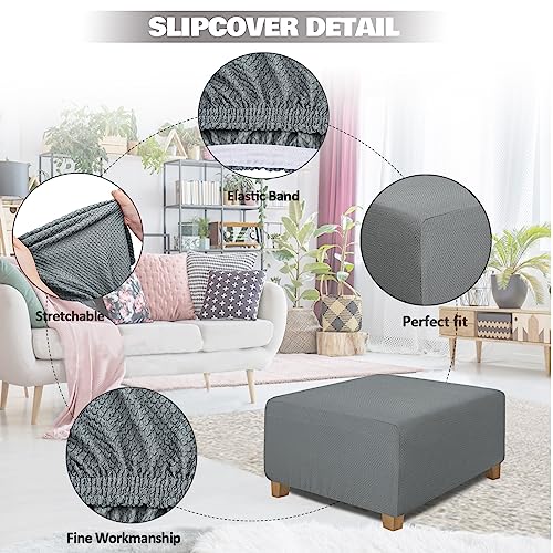 Image of NeColorLife Square Ottoman Cover Jacquard Fabric Thick Stretchable Slipcover for Oversized Square Ottoman Furniture Protector,X-Large,Grey