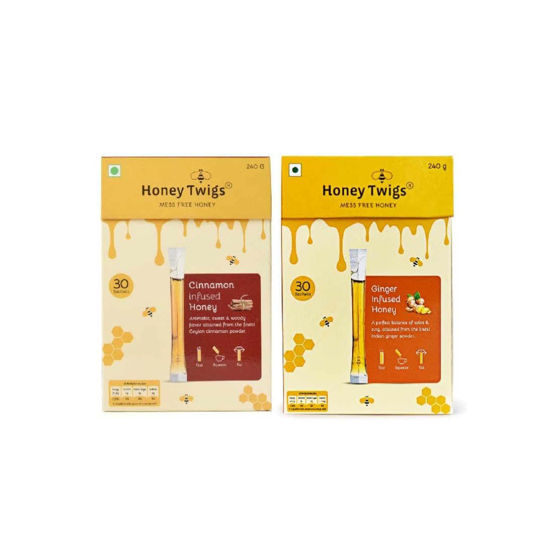 Honey Twigs Honey Ginger and Cinnamon Honey, 480g(240g + 240g - 60 Twigs) | Infused with Healthy Ingredients | Without Sugar | No Added Color | No Preservatives