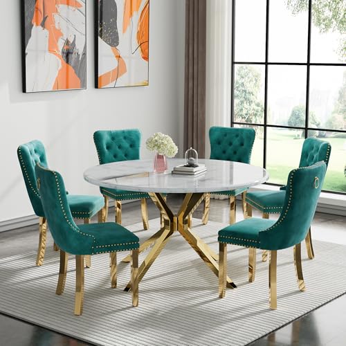 Image of 7-Piece Round Dining Table Set for 6, Luxury Faux Marble Kitchen Table Set for 6 with Green Velvet Chairs, 45 inch Circle Dining Room Tables with White Marble Top and Gold Stainless Steel Cross Legs