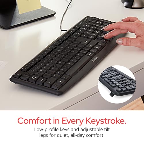 Image of Verbatim Slimline Wired Keyboard USB Plug-and-Play Numeric Keypad Adjustable Tilt Legs Corded Full-Size Computer Keyboard Compatible with PC, Laptop - Frustration Free Packaging Black 99201