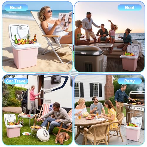 Image of Electric Cooler, 26 Liter Mini Fridge with Automatic Locking Handle (Pink) | Large Capacity Car Refrigerator, Dual-use Car Fridge, Portable Car Cooler for Picnic, Travel, Outdoor, Camping, Home, Gift