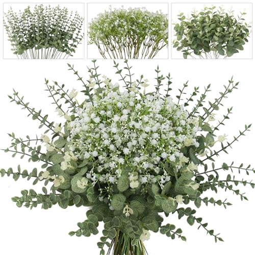 lovemoon 100 Pcs Mixed Greenery Artificial Eucalyptus Stems Baby Breath Artificial Flowers Bulk and Eucalyptus Leaves for Wedding Bouquets Home Office Floral Decor (100 Green and White)