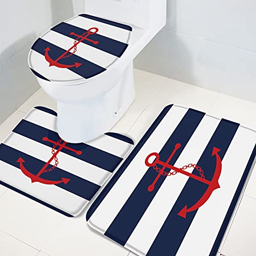 Queenker 3-teiliges Badematten-Set, WC-Deckelbezug, roter Anker, marineblau und weiß gestreifter Druck, Konturteppich, WC-Vorleger rutschfeste Badezimmer-Fußmatte, 45,7 x 76,2 cm + 35,7 38,7 – Bild 5