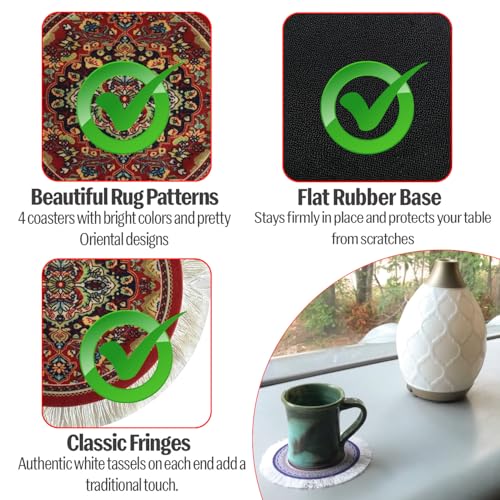 Image of Carpet Coasters, Set of 4 Turkish Rug Style Table Drink mats, Absorbent Kitchen and Dining Accessories, Spill & drip Protection, Round