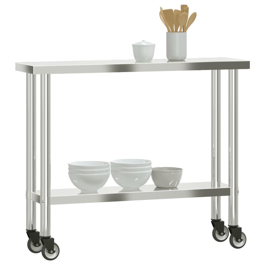 Mangloder Mesa de trabajo de acero inoxidable con ruedas 110 x 30 x 85 cm para gastronomía, restaurante, cocina, catering, aperitivo, bar, con estante estable, 2 ruedas bloqueables, duradera