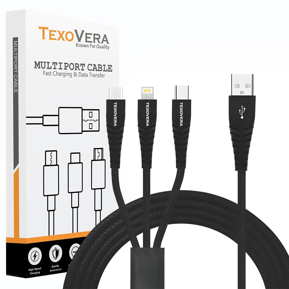 TexoVera 1.2M 3-in-1 Braided Charging Cable Micro USB iPhone Type-C Black (Not for Data Transfer)