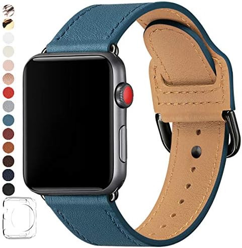 POWER PRIMACY Bands Compatible with Apple Watch Band 38mm 40mm 42mm 44mm, Top Grain Leather Smart Watch Strap Compatible for Men Women iWatch Series 6 5 4 3 2 1,SE (Olympic blue/Black/Black, 42mm/44mm)