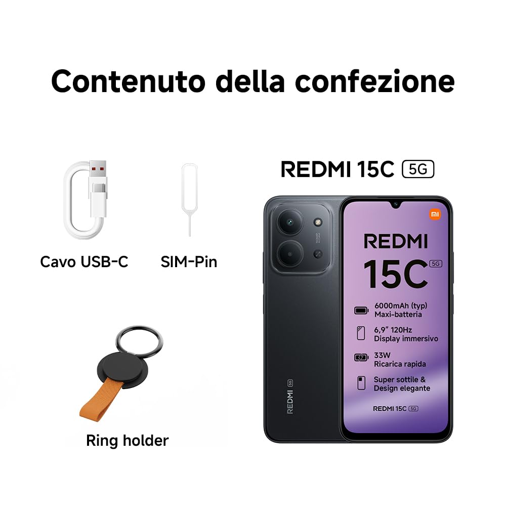 Xiaomi Redmi 15C 5G, Smartphone 4+256GB, Display 6,9" 120Hz, MediaTek Dimensity 6300, processore 5G, Dual camera AI 50MP, Mega batteria da 6000mAh, Garanzia 2 anni, Nero, Caricabatterie non incluso