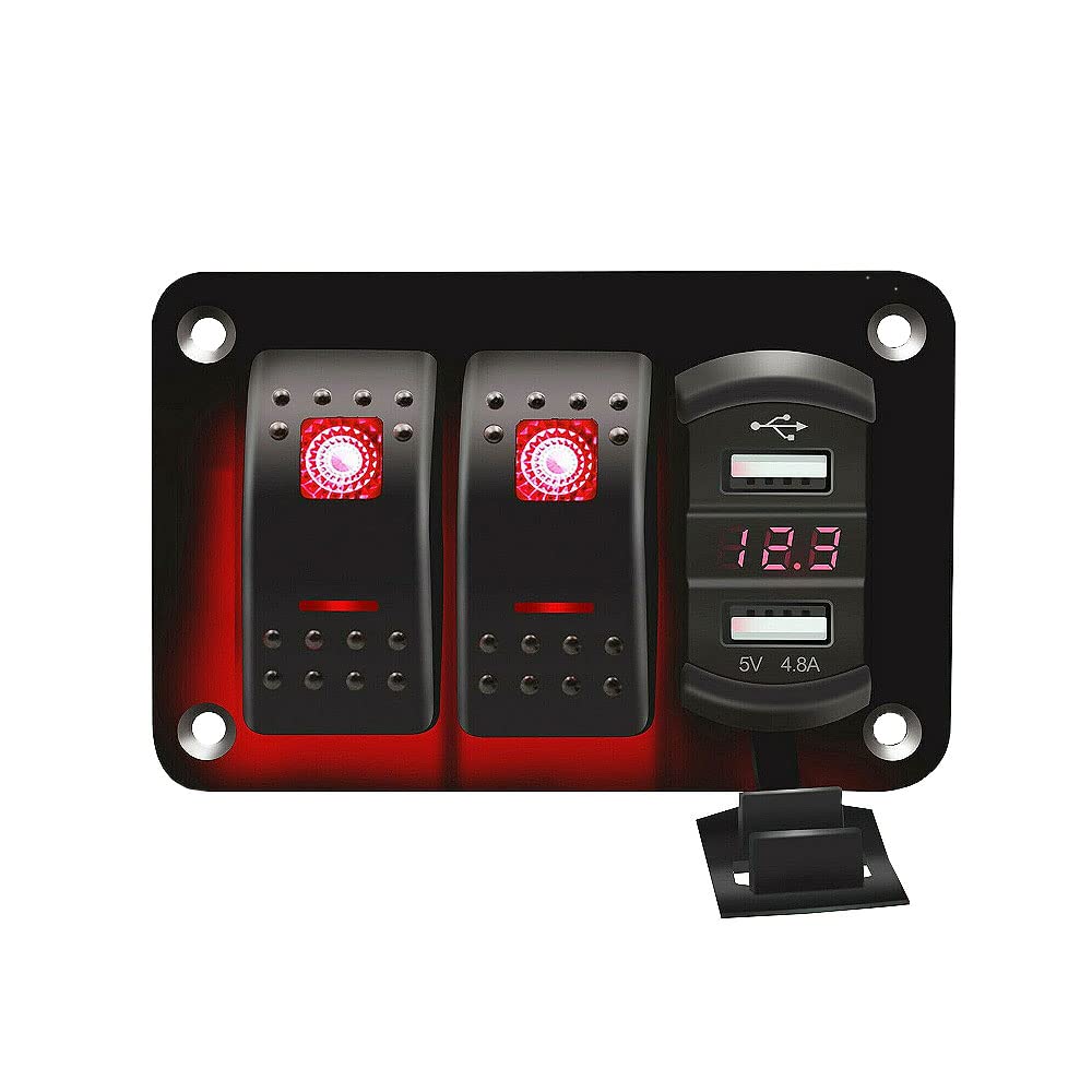 Riloer 2 Gang Aluminum Panel Toggle Dash 4.8A Dual USB Digital Display Voltage Meter for Automotive Car Marine Boat Red