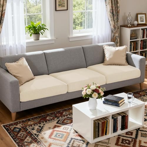 Image of CHUN YI 3 Piece Couch Cushion Covers for XL-Sofa Seat Slipcovers Suitable with Spandex Jacquard Washable Fabric (3 Piece XL-Sofa Cushion Covers, Ivory)