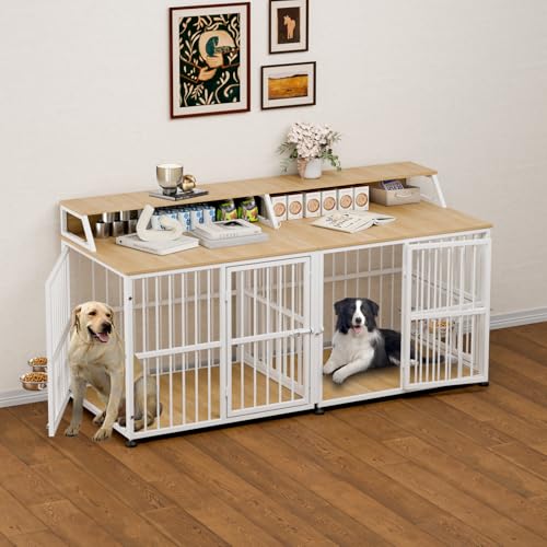 Dog Crate Furniture for 2 Dogs, 72' Extra Large Double Dog Cage Large Breed, XXL Thick Wooden Dog Crate with Storage Rack, Sturdy Dog Kennel with Removable Divider