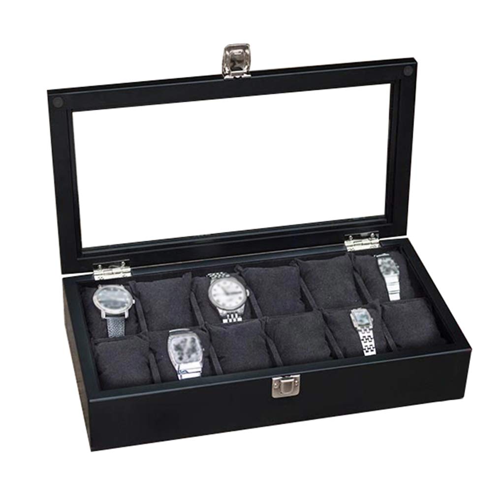 Caja de reloj de madera, caja de almacenamiento de exhibición de joyería de lujo, bandeja de pulsera, organizador de gemelos con cojines de almacenamiento extraíbles y hebilla de metal con cerradura
