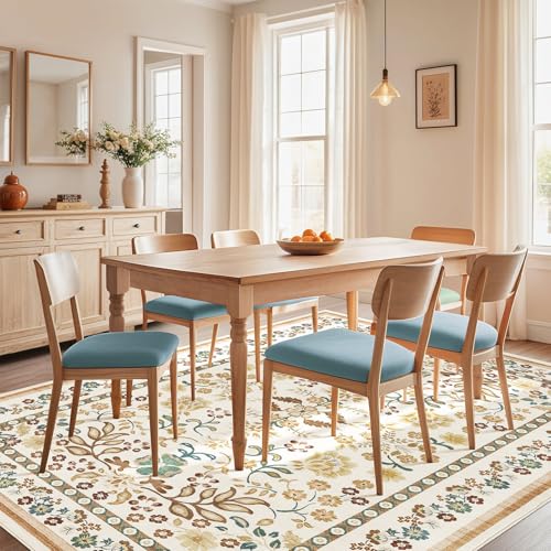 5x7 Area Rug Living Room Rugs Thickened - Washable Boho Vintage Floral Large Soft Non Slip Thin Rug Low Pile Carpet for Bedroom Dining Room Kids Playroom Office Decor Indoor - Brown