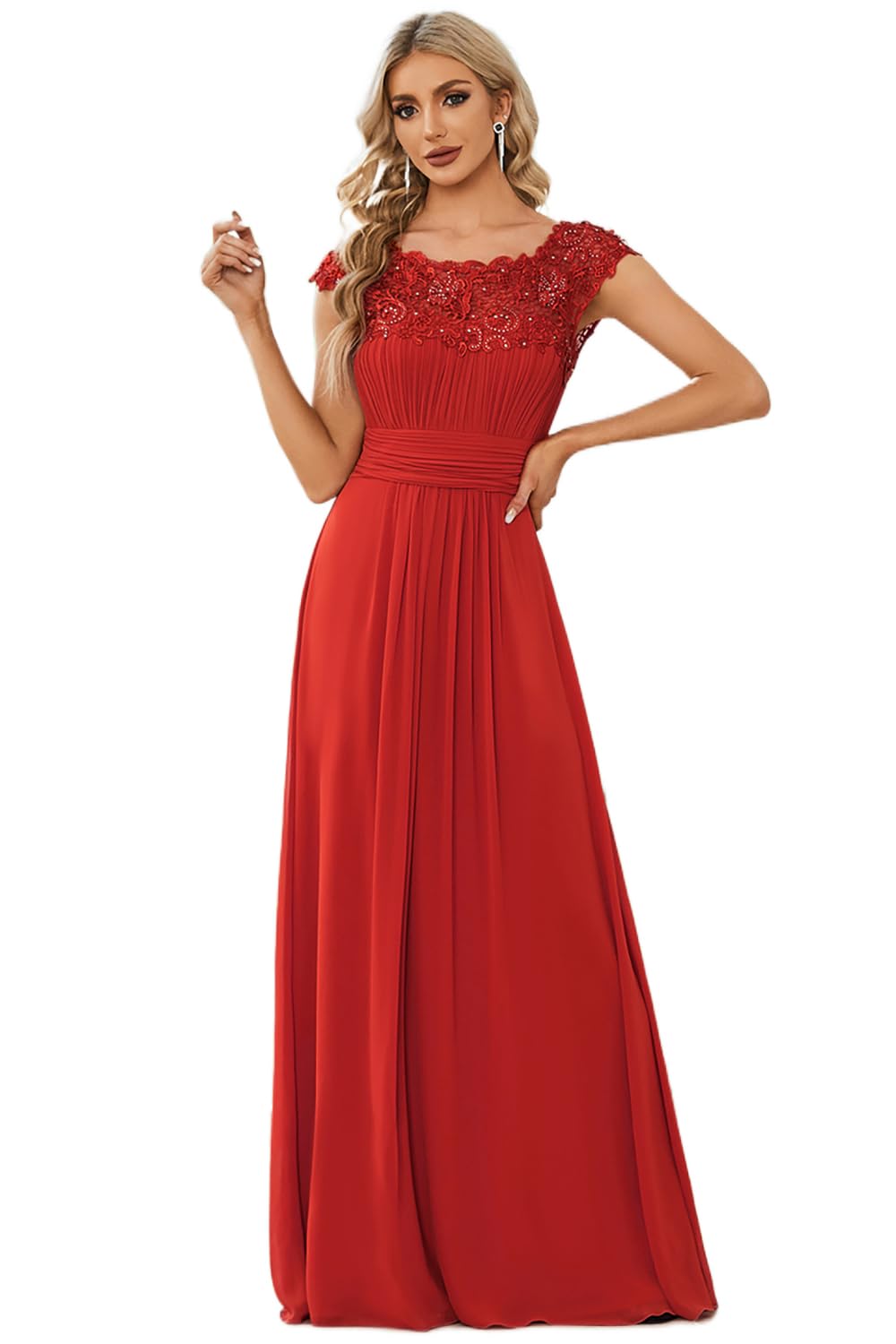 Ever-Pretty Women's Cap Sleeve Ruched Lace Round Neck Chiffon Formal Evening Gowns 09993-US