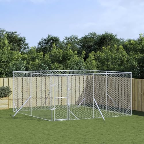 vidaXL Outdoor Hundezwinger, Hundehütte mit abschließbarer Tür, Hundekäfig für den Außenbereich, Hühnerstall Hundezaun Hundeauslauf, Silbern Verzinkter Stahl