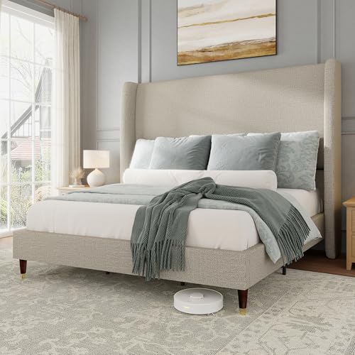 Jocisland 51.2' H Queen Bed Frame Upholstered Bed Platform Bed with Wingback Headboard/No Box Spring Needed/Easy Assembly/Brown