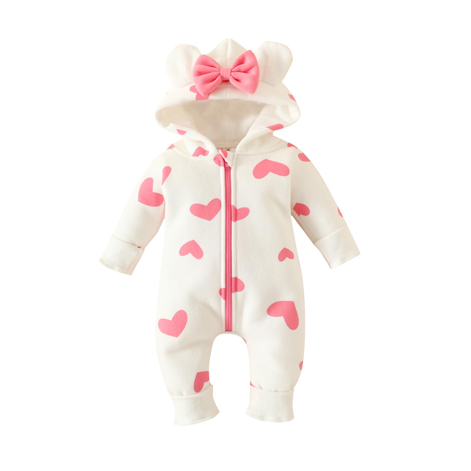 Newborn Baby Girl Hooded Jumpsuit Heart Cow Zip Up Long Sleeve Infant One Piece Romper Snowsuit Valentines Day Outfit (Heart Pink, 0-3 Months)