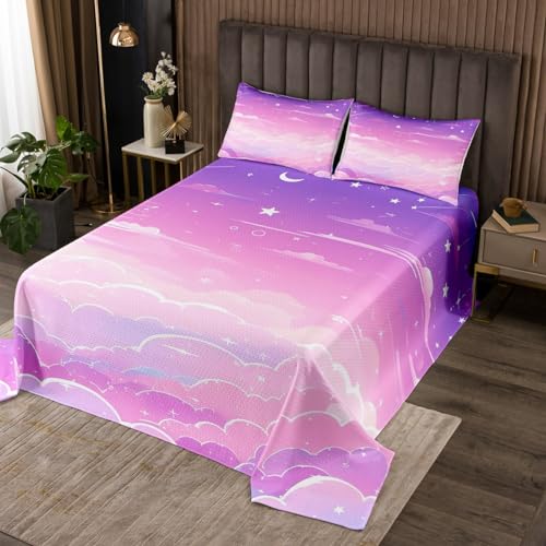 Cartoon Clouds Coverlet Set King Size Glitter Star Moon Bedspread Romantic Sky Theme Quilted for Kids Teens Girls Bedroom Decor Purple and Pink Bedding with 2 Pillowcases