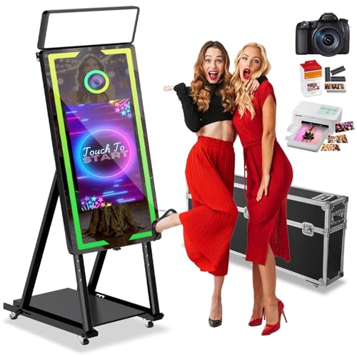 Mirror Photo Booth with Printer and Camera,40' Photo Mirror Booth with 22' Touch Screen Built-in PC,Music Sync Remote RGB Lights,Flight Case,Instant Print and Share for Parties Events