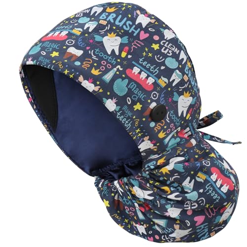 Image of Adjustable Scrub Cap with Button, Satin-Lined Cotton Scrub Hat Sweatband, Elastic Working Hat Unisex, One Size