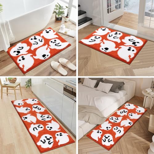 Pauwer Halloween Bathroom Rugs Sets 3 Piece, Fall Microfiber Bath Mats for Bathroom with U-Shaped Contour Toilet Rug, Spooky Soft Absorbent Washable Non Slip Bath Mat Set, Orange Ghost