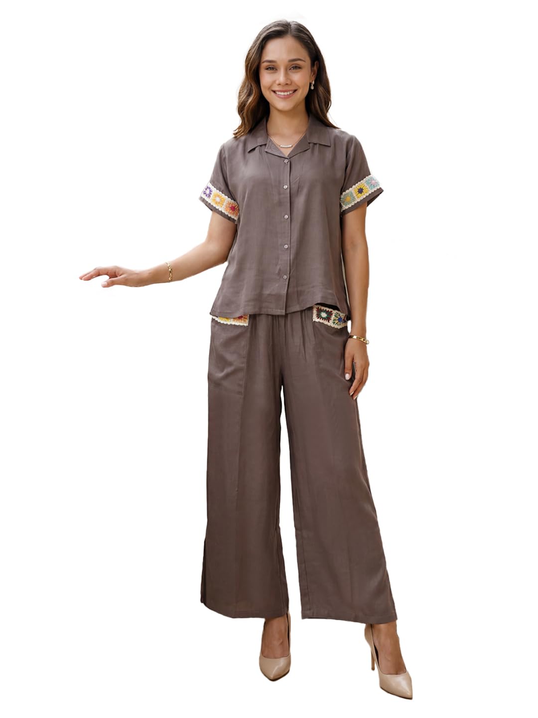 Womens Cupro Silk Co-ord Set | Half Sleeve Shirt & Full Length Palazzo Sets | Embroidered Solid Collared Neck Regular Fit Outfit for Casual-image-32
