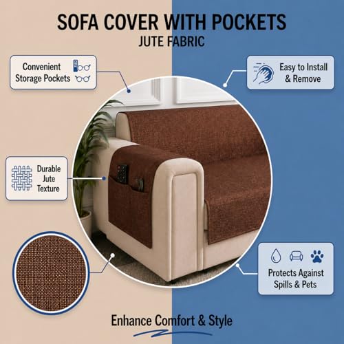 Image of STITCHNEST 'ComfyNest Series' 1 Seater Sofa Cover | Full Coverage with Armrest Pocket | Elegant Jute Fabric, Washable & Durable for Modern Living