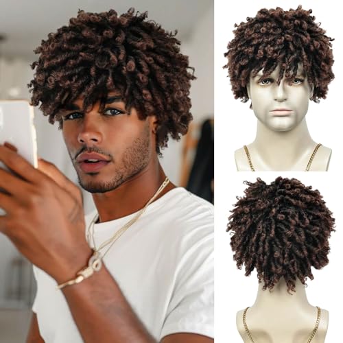 QUEENTAS Perruque Afro Perruque Homme Locks Short Dreadlock Wigs for Men Curly Afro Twist Braided Wig Synthetic Mens Wig 9 Inches (Black to Brown)