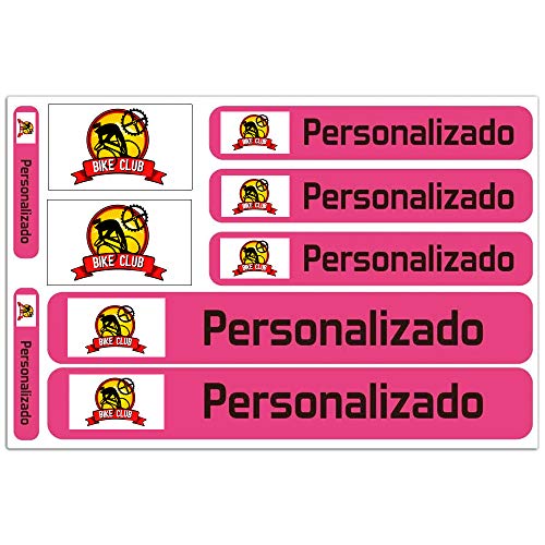 Kit 9 pegatinas personalizadas para motos, automóviles o bicicletas. Etiquetas con tu bandera y tu texto. Modelo: rosa