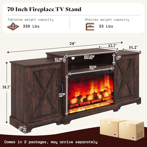 Image of AMERLIFE 70 inch Farmhouse Fireplace TV Stand with Storage for TVs up to 80 inch | Entertainment Center with 29 inch Electric Fireplace, Media Console with 2 Cabinets & Adjustable Shelf, Rustic Brown