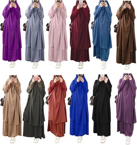 Womens Muslim Abaya Solid Prayer Dress Islamic Maxi Kaftan with Hijab Dubai Full Length 2 Piece Dress3