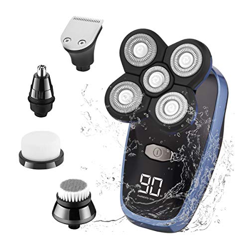 CkeyiN 5 in 1 Electric Razor for Men Head Shaver for Bald Men Grooming Kit Rotary Shavers Nose Hair Beard Trimmer Clippers Facial Cleansing Brush Cordless Waterproof USB Charging Rechargeable