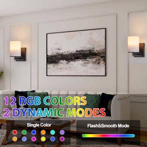 Image of Battery Operated Wall Sconce Set of Two,13 RGB Colors Dimmable Rechargeable Wall Sconces with Remote Control,Wall Lights with Cylinder White Fabric Shade for Bedroom Living Room