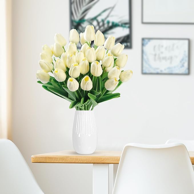 Image of Garden Art Artificial Tulip Flowers (Pack of 5) | Real Touch Silicone Single Stem Tulips for Home Decor, Living Room, Office, Vase & Wedding Decoration GAASTFB-1H-33CR (Cream)