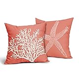 Coastal Coral Throw Pillow Covers 18x18 Inch Set of 2 Starfish Beach Nautical Pillow Covers Summer Farmhouse Pillowscase Linen Square Cushion Covers for Sofa Couch Bedroom Living Room Home Decoration