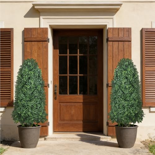 Image of Boxwood Topiary Bush -Artificial Topiary for Outdoors-Evergreen Plants Topiary Ball Tree UV-Resistant 2-Pack for Front Porch Garden Yard Balcony Decor