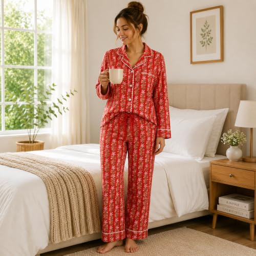 Image of Huar Cotton Pajamas Set for Women - Luxurious Cotton Womens Pajama Sets - Comfortable Christmas PJ Set, Breathable & Light Pj