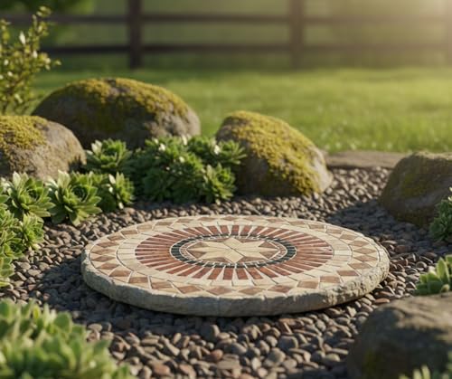 Magnolia Garden 10-Inch Geometric Mosaic Decorative Stepping Stone – Earth Tone Sunburst Resin Garden Walkway Tile – Mediterranean Style Outdoor Accent – Moroccan Patterned Patio & Yard Decoration image 4